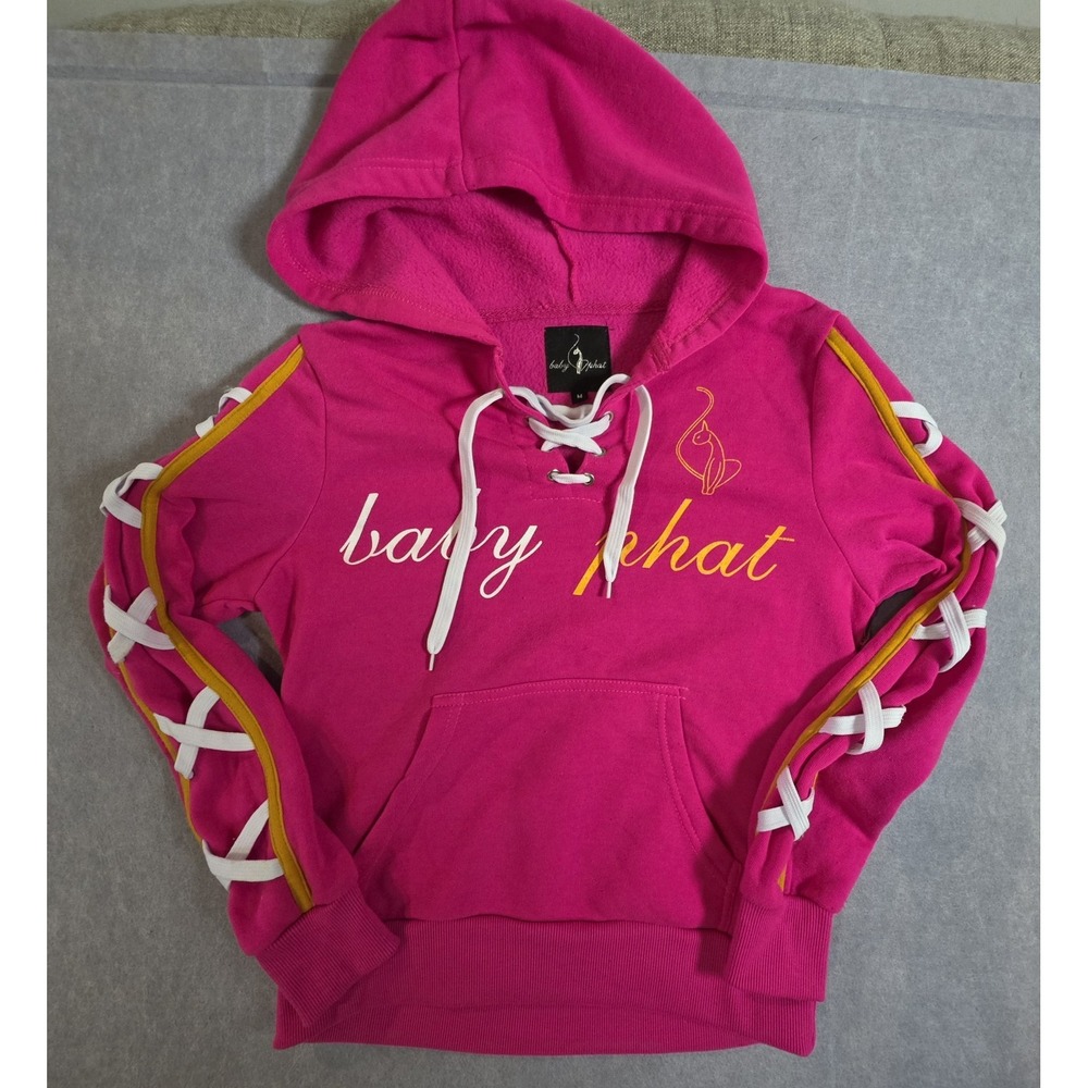 Womens Sz M Baby Phat Pink Hoodie Long Sleeve Fleece Pullover Logo Laced Sleeve